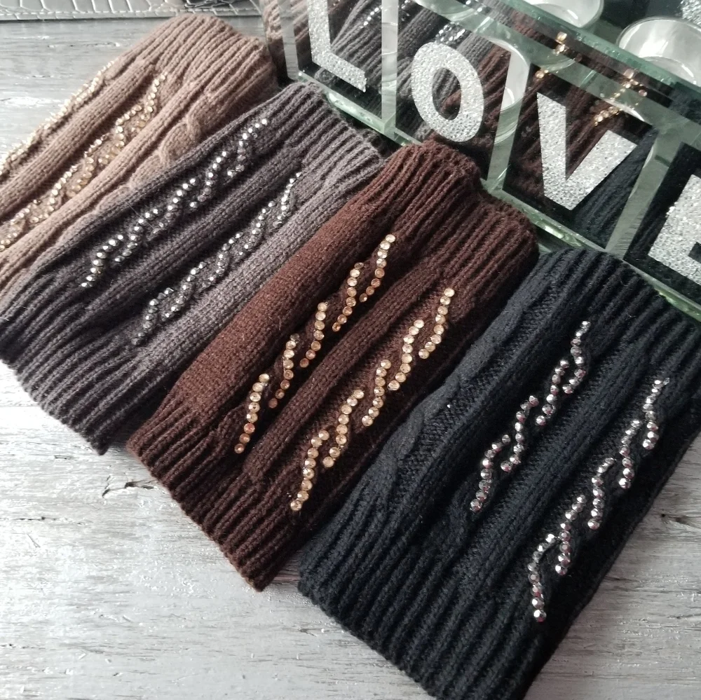 4 colors Rhinestone detailed fringerless mittens